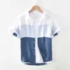 1728 Мужчины летняя мода Япония простая харакую высокое качество 100% льняной ткани градиент лоскутное покрытие с коротким рукавом повседневные тонкие рубашки 210714