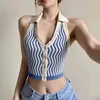 Summer Women Sexy Backless Striped Knitted Vest Deep V Neck Single Breasted T Shirt Casual Female Short Tops T1500 210430