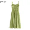 夏のドレス女性の緑の花のプリントスリングSundress女性VネックノースリーブヘムスリットAラインシフォンvestido 210514