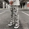Men's Jeans Hip Hop Retro Washed Gray Pu Leather Bone Embroidery Casual Denim Trousers Men Straight Oversize Streetwear Loose Pants