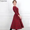 Classic England Style Red Plaid Dress Women Autumn 3/4 ärmar O-hals Sashes A-Line Casual Vintage Midi Party ES 220210