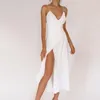 Kobiety Dress V-Neck Bez Rękawów Spaghetti Pasek Białe sukienki Plus Size Sexy Split Długa impreza 210524