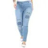 Hanezza Plus Size Mulheres Moda Vestuário de Verão Pedra Detalhada Rasgada Alta Ascensão Full-Lenght Elegante Denim Calças 2xl-7XL Grande 210809