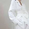 TWOTWINSTYLE Blanc Minimaliste Blazer Pour Femmes Entaillé À Manches Longues Ceintures Élégant Blazers Femme Mode Vêtements 211122