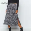 JOCOO JOLEE Women Fashion Leopard Print Chiffon Skirts Dames Hoge taille Zipper Split Midi Rok Vrouw Slim A Line Skirts 210619