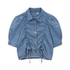 Camicia di jeans da donna Colletto rovesciato blu Bottone manica corta Primavera Estate Puff Coulisse B0666 210514
