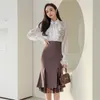 HIGH QUALITY Women Spring 2 Pieces Suits Peach heart type shirt Top + Bodycon Mermaid Skirts Evening Party Set 210603