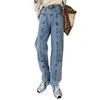 Vintage Straight Women's Jeans Pants High Waist Denim Trousers Streetwear Button Patchwork Female Pockets 210428