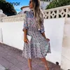 Deenor Verão Vintage Floral Impressão Maxi Vestidos Para Mulheres Manga Longa V-Neck Ruffles Senhoras Primavera Casual Praia Vestidos X0521