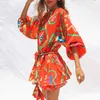 Getspring vrouwen jurk lantaarn mouw bandage print jurken lange korte bohemian voor mode 210513