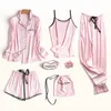 Pinked Striped Pajamas Silk Satin Femme Pajama набор 7 штук / комплект строчки женское бельё халат пижама пижама пижама пижама мама pjs kpacotakowka 210809