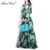 Summer Runway Maxi Dress Mulheres Manga Longa Casual Festa Bohemian Feriado Folhas Verdes Floral Impresso 210524