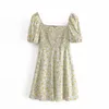 Za Vintage Floral Print Summer Dress Women Short Puff Sleeve Smocked Elastic Holiday Dresses Chic Side Zip Mini Green Dress 210602