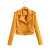 Women's Leather & Faux 2021 Jacket Women Korean Coats Black Coat Turn Down Collar Suede Zipper Belted Yellow Purple