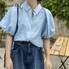 Yitimuceng Casual Blouse Vrouwen Oversized Shirts Koreaanse Mode Korte Puff Sleeve Office Lady White Blue Tops Summer 210601