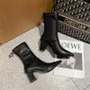 Gerçek Deri Yüksek Topuk Orta Buzağı Çizmeler Kadın Ayakkabı Sivri Burun Blok Topuklu Fermuar Metal Dekorasyon Lady Sonbahar 40 210517