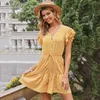 Women Summer V-neck Butterfly Sleeve Dress Casual Elastic Bandage Dress Single Breasted Short Sleeve DOT Mid-Length Dress 210712