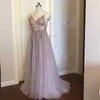 Pink Beaded Prom Dresses Plus Size Long Elegant See Through A Line Split Tulle V Neck Spaghetti Strap Evening Gown 210719
