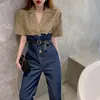 Summer Women Denim Overalls Fashion Patchwork Jumpsuits Women Office OL Notched Rompers Jeans Female Casual Long Trousers 210518