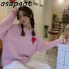 Chic Korean Vintage Sweet Tjock Rosa Kärlek Hjärta Pullovers Tröja Kvinnor Lös mode O Neck Puff Sleeve Knitwear Toppar Dra 210610