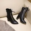 Metal Decoration Super High Heel Mid Calf Boots Women Shoes Pointed Toe Crystal Thick Heels Zip Lace Up Lady 43 210517