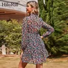 Women's Floral Dress Bow Tie Neck Vintage Pleated See Through Sleeve Print Mini Casual Sundress Vestidos 210508