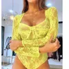 OMSJ мода сетки кружева боди женщины неоновый желтый / черный с длинным рукавом Rompsists Elegant Playsuits Club Outfits 210517