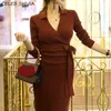 Elegant Autumn Knitting Dress Woman Sexy V-neck Long-sleeve Slim Waist Knitting Dress Vestido Korean Burgundy Business Knitwear Y1204