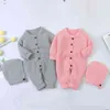 Infant Baby Boys Girls Pure Color Rompers Clothes + Hat 2PCS Children Boy Girl Kids Knitting Long Sleeve 210429