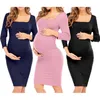 Nowe Kobiety Mama Ciąża Dress Maternity Kwadrat Kołnierz Neck Collar Solid Moda Suknie Bodycon Sukienka Ruched Side Ciąża Ubrania Q0713