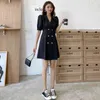 Summer Elegant Office Black Dress Vintage French Style Puff Sleeve A-Line Double Breasted Suit Robe 210514