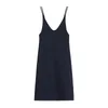 V neck Spaghetti Strap Sleeveless Navy Blue Women Midi DressMid-calf Solid Zipper D2218 210514