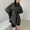 Fashion loose Plaid Shirt women's blouses Spring autumn mid length blouse with belt vintage causal lace button tops 210702