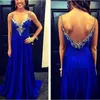 2021 Royal Blue V neck Prom Dresses with Spaghetti Straps crytal beading Chiffon Long Evening Formal Dress Pleated Custom