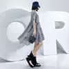 [EAM] Gray Chiffon Dress Two Pieces Suit Round Neck Short Sleeve Black Loose Women Fashion Spring Summer 1DD7979 21512