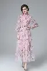 Women's Runway Dress Stand Collar Long Lantern Sleeves Printed Ruffles Elegant Fashion Floral Party Prom Gown