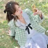 Damesjassen herfst 2022 groene plaid dames korte Koreaanse stijl kantoor dame elegante mode single breasted lange mouw bovenkleding met lange mouwen