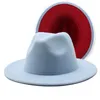 Berets Simple Outer Light Blue With Red Wool Felt Jazz Fedora Hat Women Wide Brim Panama Party Trilby Cowboy Cap Men Gentleman3344460