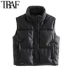 Women Fashion With Drawstrings Faux Leather Padded Waistcoat Vintage High Neck Side Pockets Female Outerwear Mujer 210507