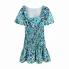 Sweet Women Square Collar Draw Back Dress Summer Fashion Ladies Beach Style Vintage Female Flower Print 210515