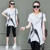 M-5XL Frauen Sport Anzüge Sommer Neue Casual Große größe frauen Tops + Cropped Hosen Anzug Lose Mode Zwei-stück Sets Weibliche X0428