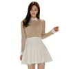 Sexy shirt suit 2 piece korean ladies fall lace Long Sleeve tops and white mini Pleated Skirt Party Suit for women 210602
