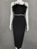 Casual Sukienki Letnia Bandaż Dress 2021 Kobiety Sexy V Neck Feather Diamonds Crystal Black Midi Elegancki wieczór Party Club Vestidos