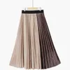 Trend Autumn Korea velvet stitching pleated skirts Joker Elegant slim long A-line Mid-Calf Patchwork woman 210508