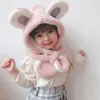 Enfants bébé mignon ours oreilles à capuche chapeau longue écharpe hiver moelleux en peluche coupe-vent thermique bonnet oreillette casquette cache-cou