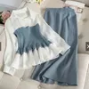 Korean Women Two Piece Sets Outfit Fashion Spring Patchwork Blouse Tops + Long Skirt Suits Elegant Ladies 2 Pcs Set 210525