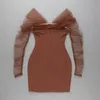 Casual Dresses 2022 Sexiga kvinnor Brun stropplös långärmad med nät Bandage Summer Bodycon Celebrity Dress Wholesale