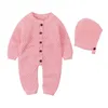 Infant Baby Boys Girls Pure Color Rompers Clothes + Hat 2PCS Children Boy Girl Kids Knitting Long Sleeve 210429