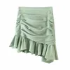 Zxqj boho kvinnor söta ruffles mini kjolar sommar vintage damer mjukt linne kjol kvinnlig flador tjejer chic grön jupe femme 210621