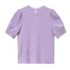 Casual O Neck Plus Size Mulheres Blusa Verão Verão Manga Curta Chiffon Camisa Plissada Damasco Roxo Tops Blusas 10205 210521